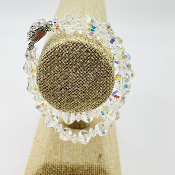 Triple Strand Beaded Bracelet Silver Tone Rhinestone Clasp Sunburst Glam Bling - Picture 7 of 8